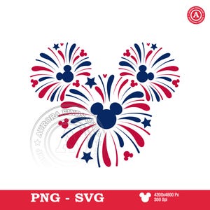 May include: A patriotic design featuring a Mickey Mouse silhouette made of red, white, and blue fireworks. The design includes stars and Mickey Mouse head shapes. The bottom of the image has the text "PNG - SVG".