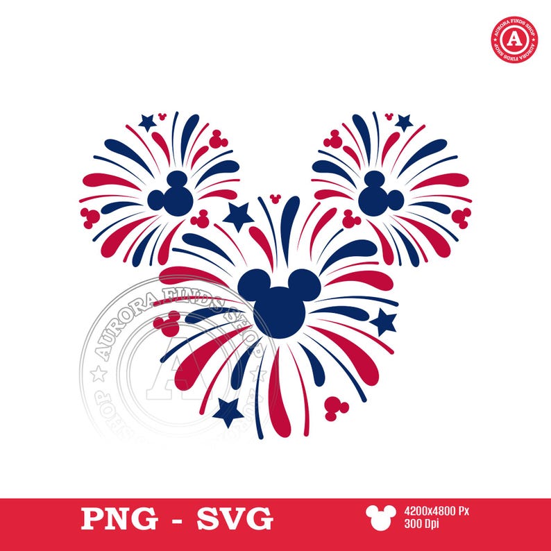 May include: A patriotic design featuring a Mickey Mouse silhouette made of red, white, and blue fireworks. The design includes stars and Mickey Mouse head shapes. The bottom of the image has the text "PNG - SVG".