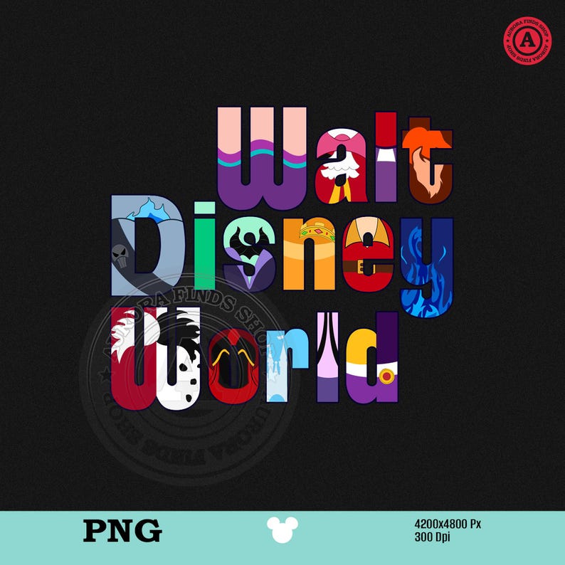 Puede incluir: Dise&ntilde;o de texto colorido "Walt Disney World" sobre un fondo negro. Cada letra est&aacute; llena de ilustraciones y colores tem&aacute;ticos, incluyendo personajes e iconos. La imagen tambi&eacute;n incluye "PNG" y un icono de Mickey Mouse.