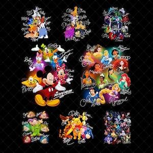 K&ouml;nnte beinhalten: Eine Sammlung farbenfroher Disney-Charakterillustrationen auf schwarzem Hintergrund. Die Bilder zeigen Micky Maus, Minnie Maus, Disney-Prinzessinnen und andere beliebte Charaktere. Jedes Bild enth&auml;lt handschriftliche Namen der Charaktere.