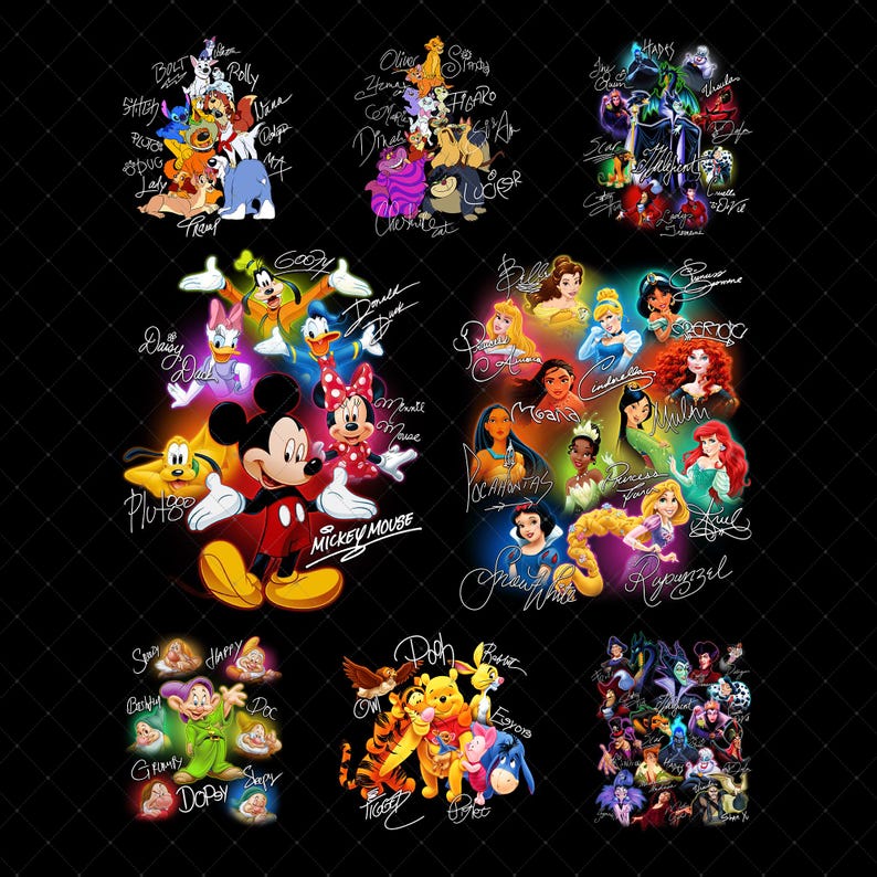 K&ouml;nnte beinhalten: Eine Sammlung farbenfroher Disney-Charakterillustrationen auf schwarzem Hintergrund. Die Bilder zeigen Micky Maus, Minnie Maus, Disney-Prinzessinnen und andere beliebte Charaktere. Jedes Bild enth&auml;lt handschriftliche Namen der Charaktere.