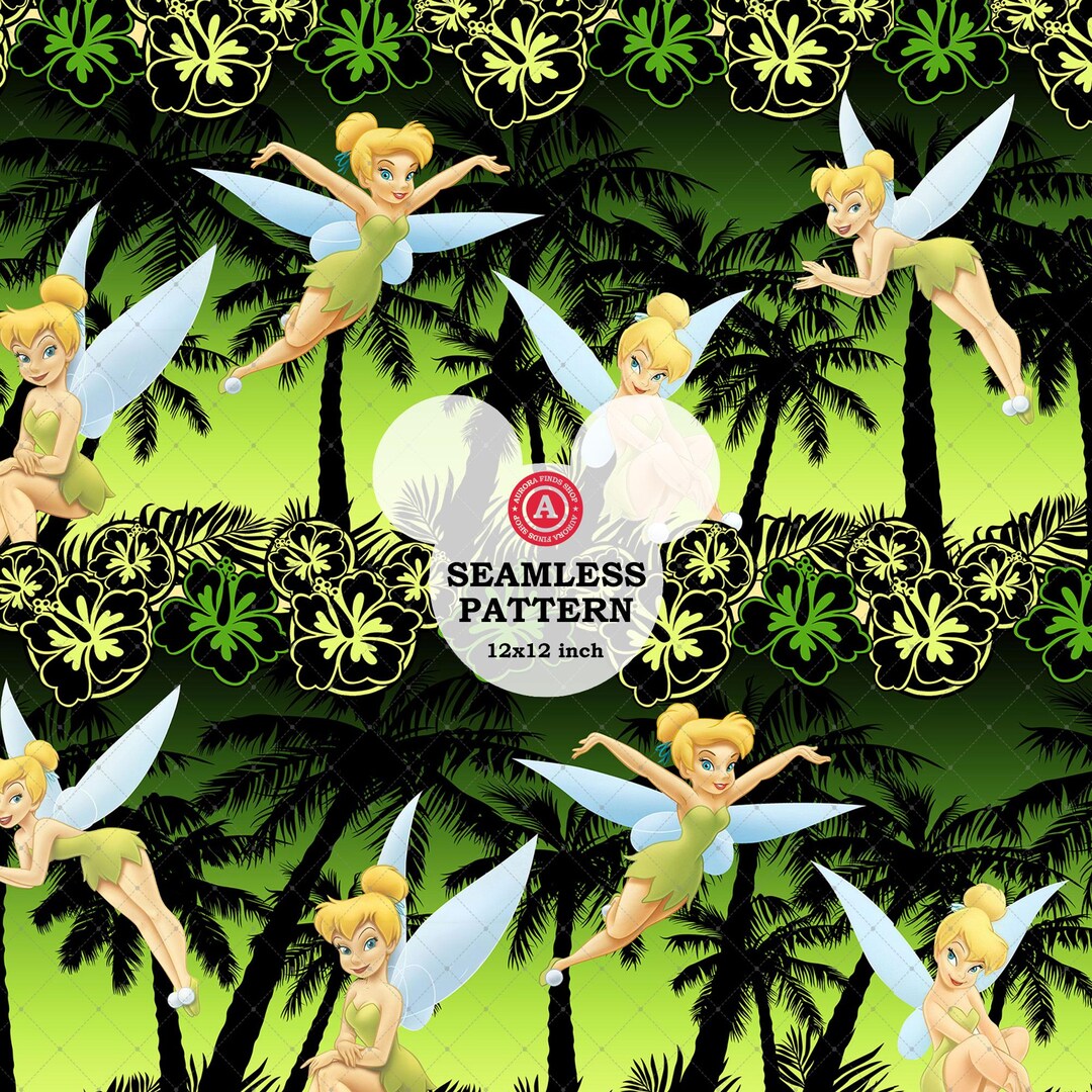 Tinker Bell Hawaiian Seamless Pattern JPEG, Tropical Fairy Fabric Print ...