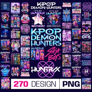 Puede incluir: Una colección de diseños de KPOP Demon Hunters, con el texto "270 DESIGN PNG". Los diseños presentan diversas ilustraciones y elementos de texto, sobre un fondo azul oscuro.