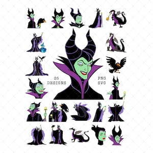 May include: A collection of 26 digital designs featuring the character Maleficent from Disney's Sleeping Beauty. The images showcase various poses and expressions of the character, along with a dragon and raven. The designs are in PNG and SVG formats.