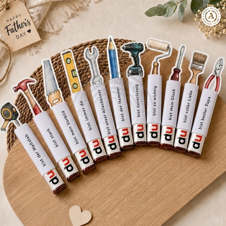 May include: A collection of tool-themed bookmarks with German text, including a hammer, saw, and wrench. Each bookmark has a white body with red and brown accents, and the words "Happy Father's Day" are on a tag.