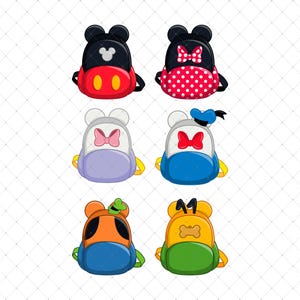 May include: Six colorful cartoon backpacks featuring popular characters. The backpacks have black ears, and each has a unique design, including Mickey Mouse, Minnie Mouse, Daisy Duck, and Donald Duck. The backpacks are red, blue, yellow, orange, and green.