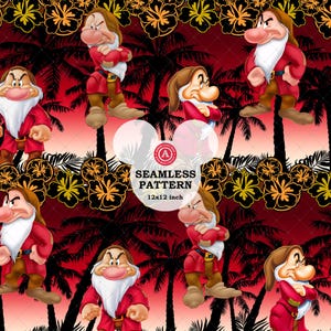 May include: Seamless pattern featuring a repeating design of a cartoon character in a red outfit with a white beard and a grumpy expression. The background includes palm trees and gold and black floral accents. The pattern is 12x12 inches.