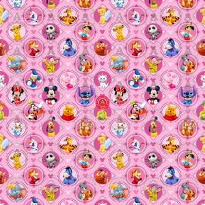 May include: Pink fabric featuring a repeating pattern of Disney characters in circular frames. Characters include Mickey and Minnie Mouse, Winnie the Pooh, Stitch, and others. The background has a diamond-shaped design.