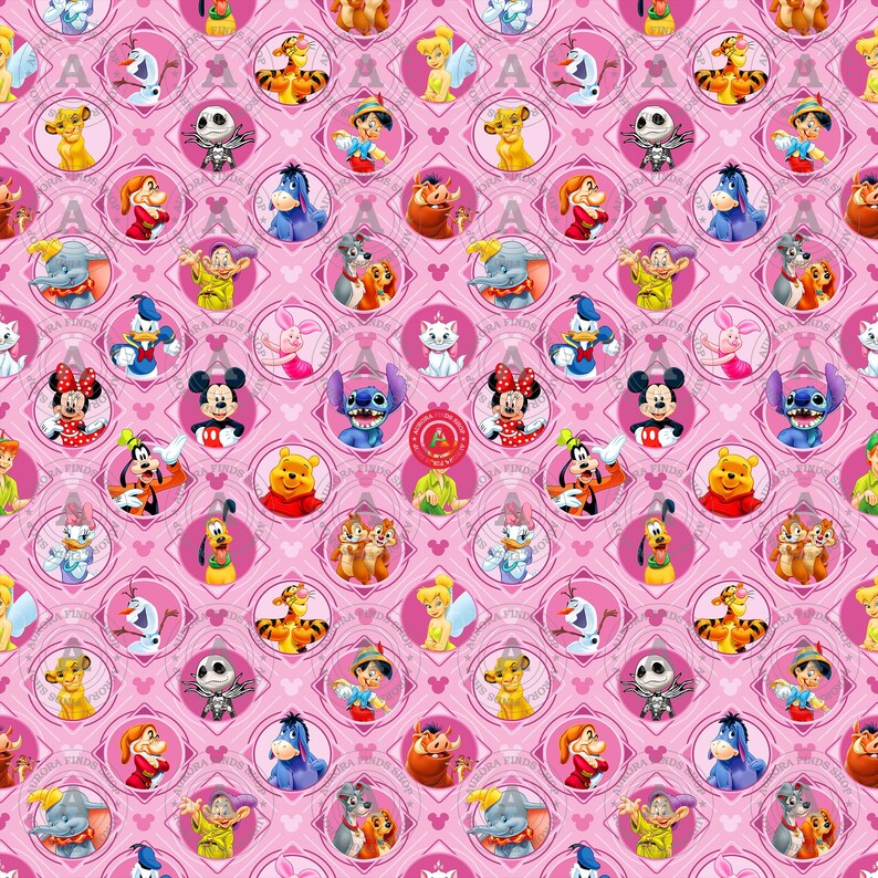 May include: Pink fabric featuring a repeating pattern of Disney characters in circular frames. Characters include Mickey and Minnie Mouse, Winnie the Pooh, Stitch, and others. The background has a diamond-shaped design.