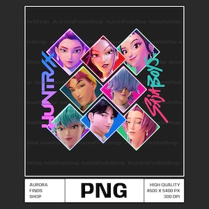 May include: A digital art print featuring nine stylized portraits of people, each within a diamond-shaped frame. The words "HUNTRA" and "SK8A BOYS" are written in pink and teal. The background is black.