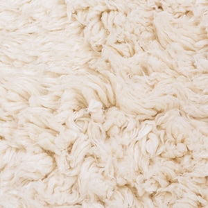Pode incluir: Um tapete espesso de cor branco-sujo com uma textura de pelo alto e felpudo. A superf&iacute;cie consiste em fibras de fio torcidas e densamente compactadas que criam uma apar&ecirc;ncia macia, irregular e volumosa em todo o revestimento de piso.