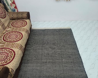Handwoven Wool Area Rug – Black Flatweave, Eco Friendly Boho Rug