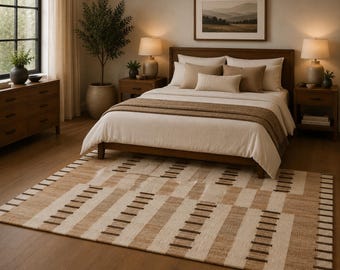 Handwoven Kilim Rug – Neutral Beige Brown Geometric Rug, Modern Tribal Wool Area Rug, Boho Living Room Carpet, Handmade Flatweave Rug