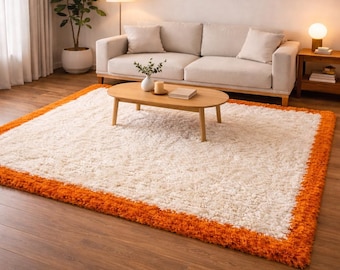 Fluffy Moroccan Orange Shaggy Rug, Handmade Wool Rug, Boho Area Rug, Moroccan Style Rug, Retro Color Block Rug, Soft Plush Rug, Living Room