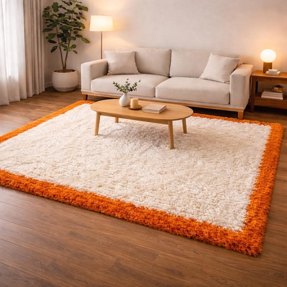 Fluffy Moroccan Orange Shaggy Rug, Handmade Wool Rug, Boho Area Rug, Moroccan Style Rug, Retro Color Block Rug, Soft Plush Rug, Living Room