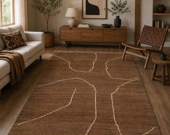 Handwoven Jute Area Rug: Terracotta Abstract Line, Scandinavian Boho