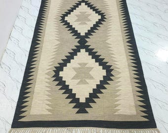 Handwoven Wool Kilim Rug, Black & Beige Geometric Tribal Flatweave Area Rug, Scandinavian Boho Living Room Carpet, Custom Sizes