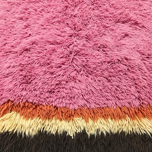 May include: A high-pile shag rug featuring a large section of vibrant pink fibers at the top, followed by horizontal bands of burnt orange, cream, and dark brown at the bottom. The texture is dense, shaggy, and uniform across the entire surface.