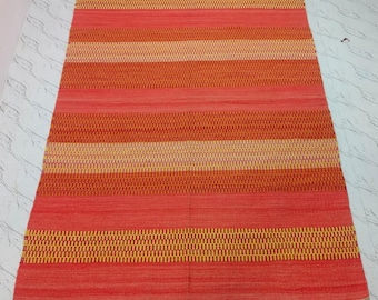Alfombra Kilim geométrica de lana de 5x8 pulgadas, tejida a mano, tejido plano naranja y amarillo