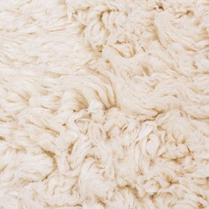 Pode incluir: Um tapete espesso de cor branco-sujo com uma textura de pelo alto e felpudo. A superf&iacute;cie consiste em fibras de fio torcidas e densamente compactadas que criam uma apar&ecirc;ncia macia, irregular e volumosa em todo o revestimento de piso.
