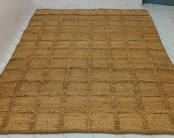 Handwoven Jute Rug: Textured Checkered Design, Natural Fiber