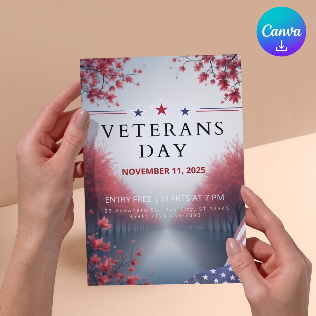 Patriotic Red Tree Design Veterans Day Invitation, Editable Canva ...