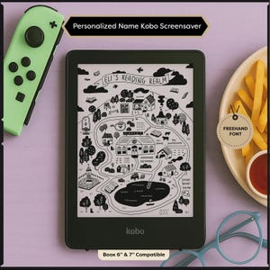 May include: A black Kobo e-reader with a custom screensaver featuring a black and white map illustration with the text "ELI'S READING REALM". A green game controller, a plate of french fries, and blue glasses are also visible.