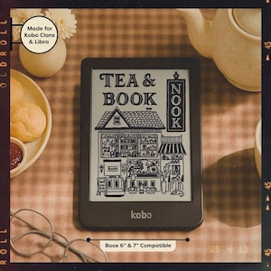 Może przedstawiać: Czarno-biała ilustracja sklepu z herbatą z napisem "TEA & BOOK" nad drzwiami i "NOOK" z boku. Ilustracja znajduje się na czarno-białym czytniku e-booków z logo Kobo. Czytnik e-booków leży na brązowo-białej powierzchni w kratkę.