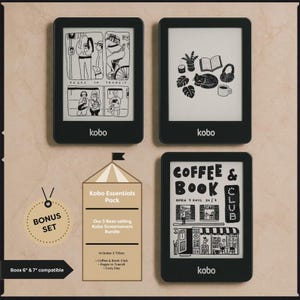 Op de afbeelding: Drie zwarte Kobo e-readers met verschillende zwart-wit illustraties. Eén scherm toont een strip genaamd Pages in Transit, een ander een kat met planten, en de derde een Coffee & Book Club afbeelding. Een beige kaart vermeldt het Kobo Essentials Pack.