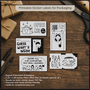 May include: A collection of black and white printable sticker labels for packaging. Designs include "Open Me," "Scan Me," "Guess What's Inside," "Thank You," and "Fragile." Each sticker is approximately 2.25 x 1.25 inches.
