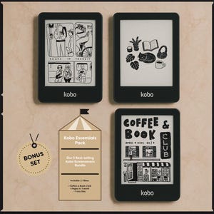 May include: A set of three Kobo e-reader screensavers featuring illustrations of a coffee shop, a subway scene, and a cozy day. The screensavers are part of a Kobo Essentials Pack bundle.