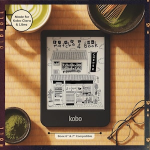 Könnte beinhalten: Ein schwarzer Kobo E-Reader zeigt eine Schwarz-Weiß-Illustration eines japanischen Geschäfts mit dem Text "Matcha & Book Corner". Das Bild enthält Matcha, einen Schneebesen und eine Brille. Kompatibel mit Boox 15,24 cm & 17,78 cm Geräten.