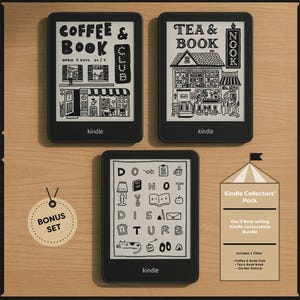 May include: A set of three Kindle e-reader screensavers featuring illustrations of a coffee shop, a tea shop, and a 'Do Not Disturb' sign. The screensavers are part of a Kindle Collectors' Pack bundle.