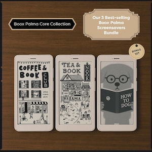 以下が含まれることがあります： 電子書籍リーダーのスクリーンセーバーの白黒イラスト3つ。1つ目は「Coffee & Book Club」という文字の入ったコーヒーショップ。2つ目は「Tea & Book Nook」という文字の入った紅茶専門店。3つ目は「How to Dog」という文字の入った本を読んでいる犬。