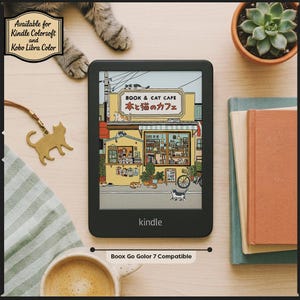 Skärmsläckare för e-läsare i färg med bok och katt | Kindle Colorsoft, Kobo Libra Color och Boox Go Color 7 | Söt katt med boklig låsskärm