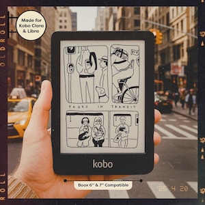May include: A black and white illustration of people on a train, a person riding a bicycle, and a person walking a dog. The illustration is displayed on a Kobo e-reader. The e-reader is compatible with Boox 6" and 7" devices.