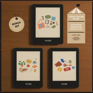 Può includere: Un set di tre screensaver per ebook Kindle con illustrazioni di una tazza di caffè, una pianta in vaso e un libro con il testo "Slow Days", un croissant, un pomodoro, una tazza di caffè e un libro con il testo "Morning Person", e un paio di pantofole, una coperta, una lampada e un libro con il testo "Night Owl".