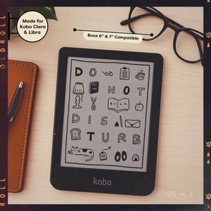 Puede incluir: Una lectora de libros electrónicos en blanco y negro con una pantalla que muestra un garabato de las palabras "No molestar" con varias ilustraciones. La lectora de libros electrónicos está etiquetada como "kobo" y es compatible con las lectoras de libros electrónicos Boox 6" & 7".
