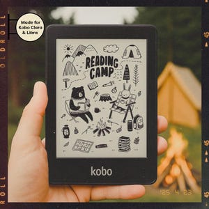 Puede incluir: Una ilustración en blanco y negro de un oso y un conejo sentados alrededor de una fogata con el texto "Reading Camp" en un lector electrónico Kobo.
