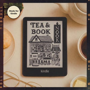 May include: A black and white illustration of a tea shop with the words "TEA & BOOK" and "NOOK" on the storefront. The image is displayed on a Kindle e-reader.
