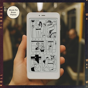 May include: A white e-reader displays a black and white comic strip titled "Pages in Transit." The e-reader is held in a hand, with the text "Made for Boox Palma" in a circle in the upper left corner. The background is blurred.