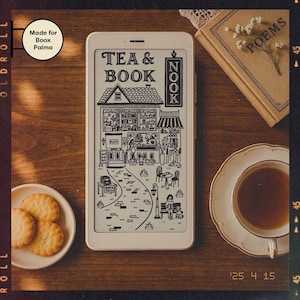 May include: A black and white illustration of a bookstore with the text "TEA & BOOK" and "NOOK" on a white e-reader.