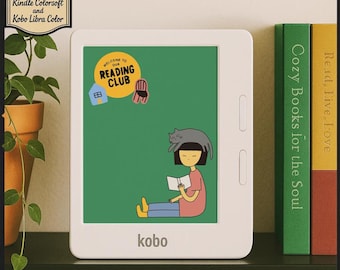 Puede incluir: Un lector electrónico Kobo blanco que muestra una pantalla verde con un gráfico de una persona leyendo con un gato en la cabeza y el texto Welcome to our Reading Club. Una etiqueta en la esquina indica Available for Kindle Colorsoft and Kobo Libra Color.