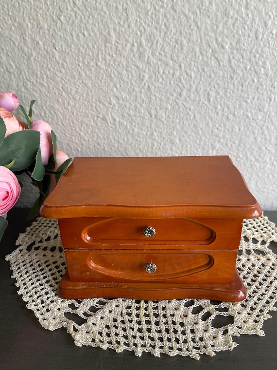 Wooden  Jewelry Box with Mirror - Vintage Jewelry Organizer - Collectible Item