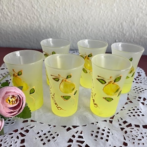 Vintage Frosted Shot Glasses - Hand Painted Lemon Design, Set of 6