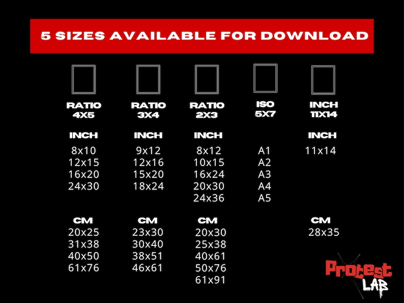 Sizing chart showcasing five available aspect ratios for the digital print. Ensures customers can choose the perfect size for framing and display.