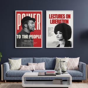 Side-by-side Fred Hampton posters featuring "Power to the People" and "Lectures on Liberation." A powerful digital art duo celebrating Black history and civil rights.