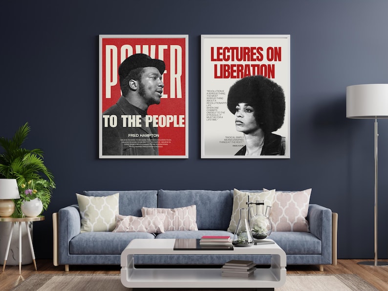 Side-by-side Fred Hampton posters featuring "Power to the People" and "Lectures on Liberation." A powerful digital art duo celebrating Black history and civil rights.