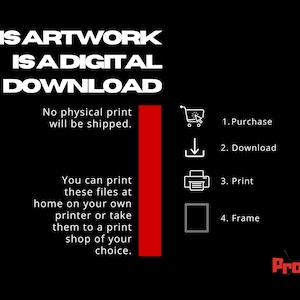 Instructional graphic explaining that this artwork is a digital download. No physical item shipped—customers can print at home or use a professional service.