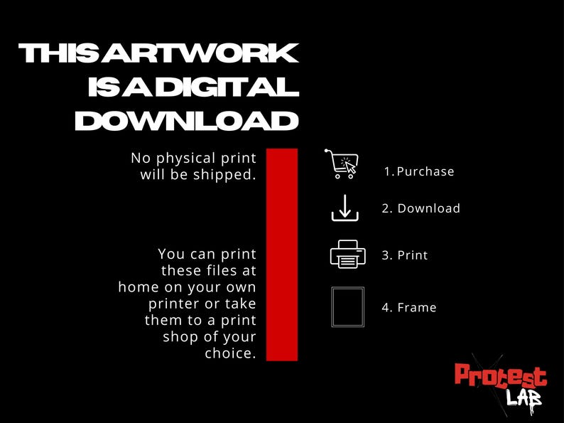 Instructional graphic explaining that this artwork is a digital download. No physical item shipped—customers can print at home or use a professional service.